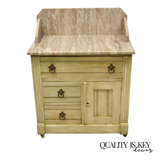 19th C. American Victorian Pink Marble Top Backsplash Washstand Table Cabinet