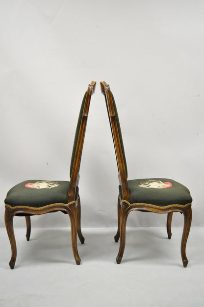 French Provincial Louis XV Walnut Side Chairs w/ Ship Boat Crewel Work - a Pair