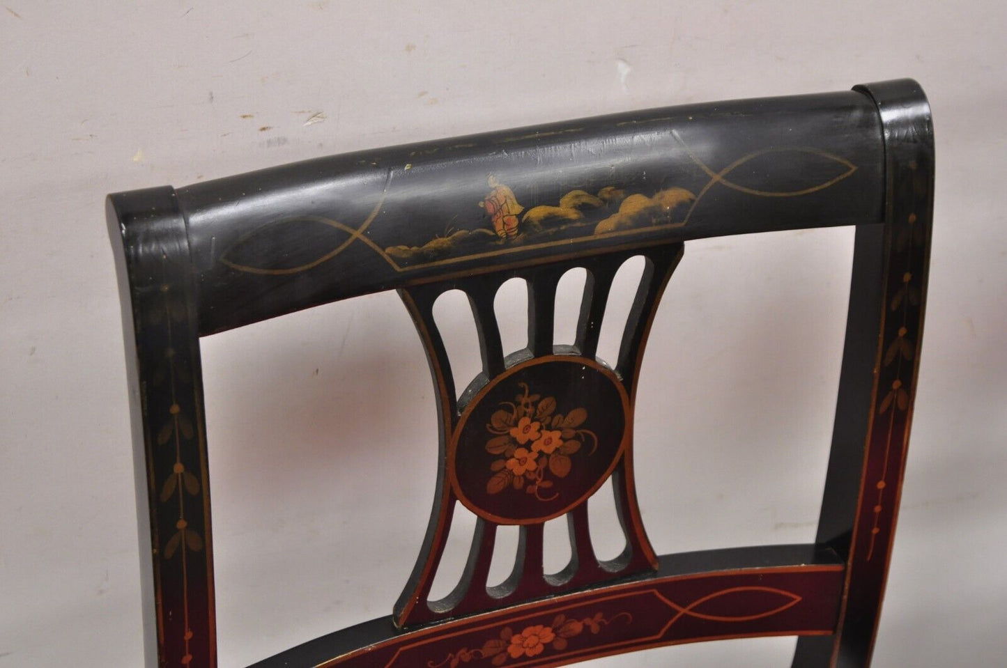 Vintage Chinoiserie English Regency Style Black Painted Dining Chairs - Set of 6