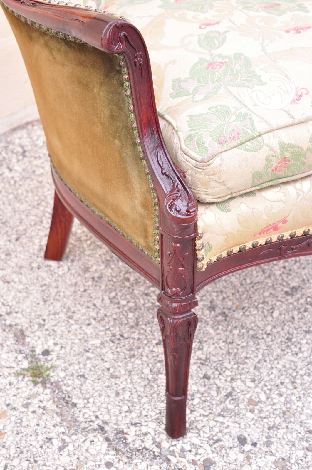Antique French Hollywood Regency Carved Mahogany Fireside Wingback Arm Chair
