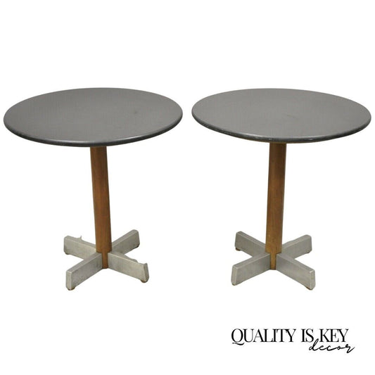 Mid Century Modern Round Granite Top Metal Star Base Side Tables - a Pair