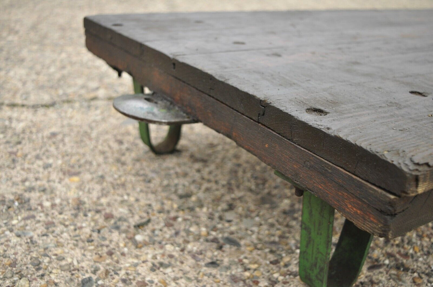 Vtg Fairbanks American Industrial Wood & Iron Factory Work Cart Coffee Table (A)