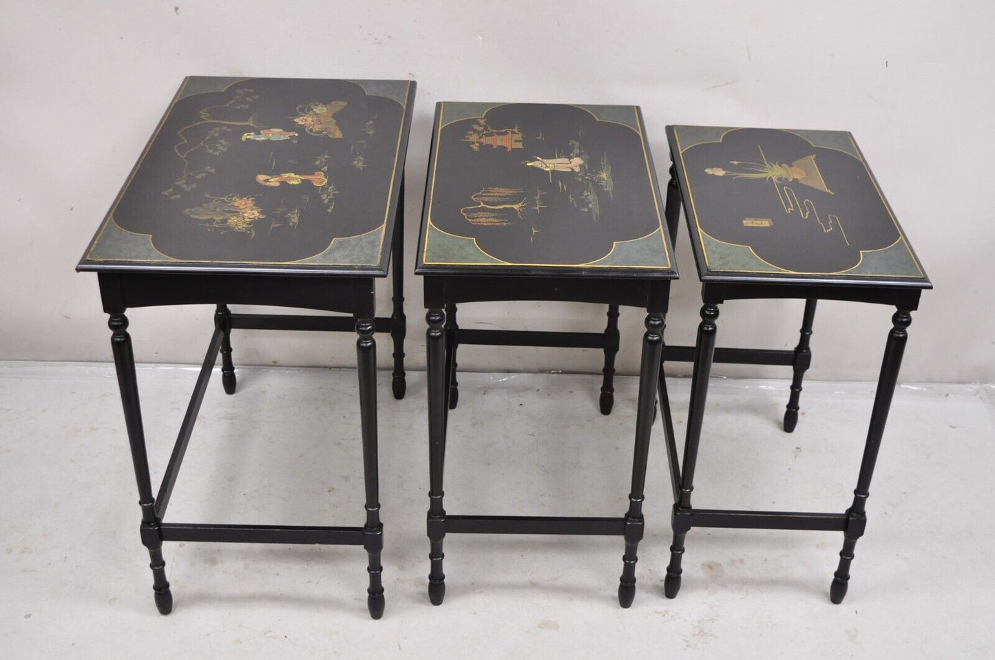 Vtg Chinoiserie Asian Inspired Black Nesting Side Tables by Paalman - Set of 3