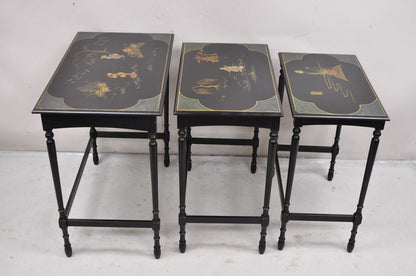 Vtg Chinoiserie Asian Inspired Black Nesting Side Tables by Paalman - Set of 3