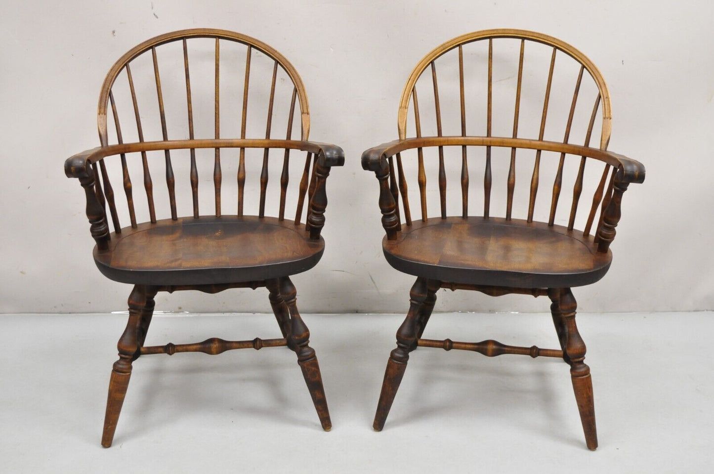 Nichols & Stone Rock Maple Wood Bowback Colonial Windsor Arm Chairs - a Pair