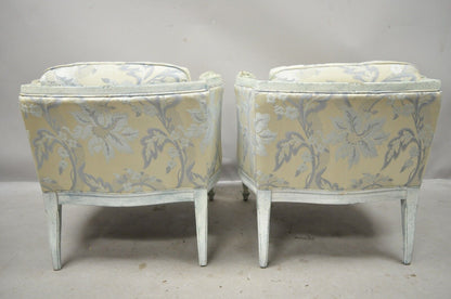 Vintage French Provincial Louis XVI Blue & Cream Painted Club Chairs - a Pair
