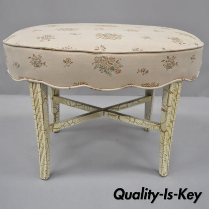 French Victorian Style White Distress Painted Accent Oval Vanity Bench Seat