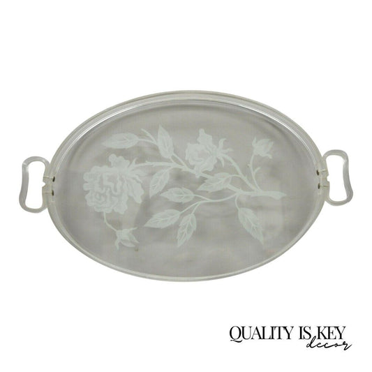 Dorothy Draper Style Mid Century Floral Etched Glass Lucite Serving Tray Platter
