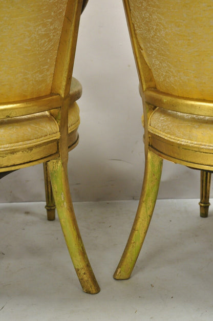 French Hollywood Regency Gold Gilt Barrel Back Cane Lounge Chairs - a Pair