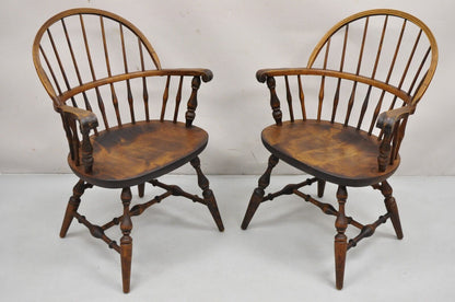 Nichols & Stone Rock Maple Wood Bowback Colonial Windsor Arm Chairs - a Pair