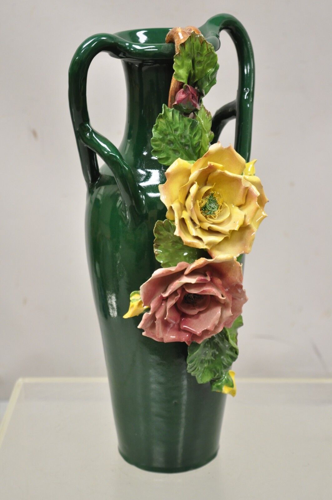 Vtg Victorian Style Green Ceramic Capodimonte 18" Vase with Pink Yellow Flowers