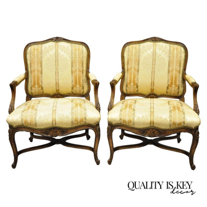 Vintage French Provincial Louis XV Country Style Lounge Chairs - a Pair