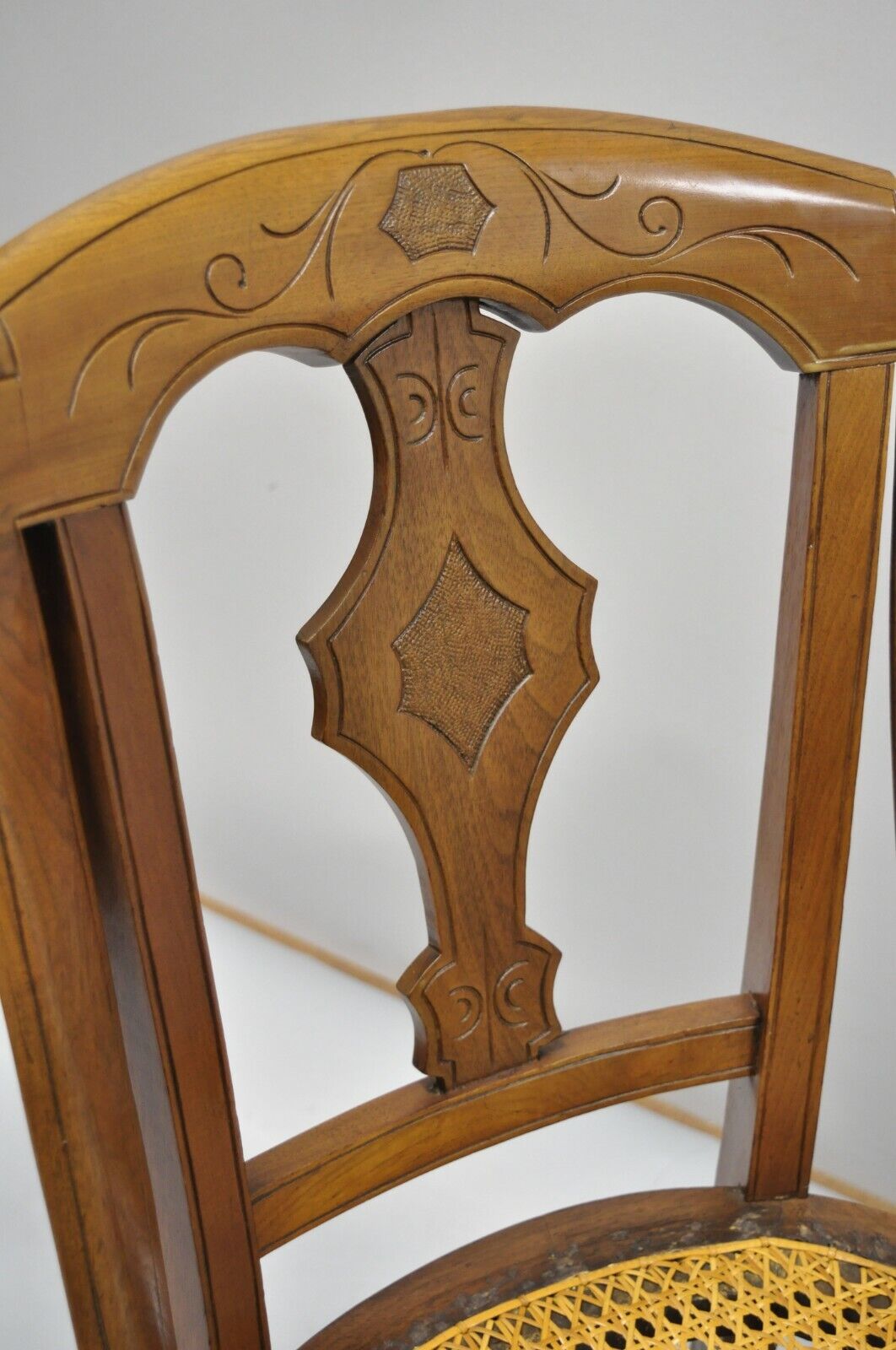 19th Century Antique Eastlake Victorian Carved Walnut Cane Dining Side Chair (A)