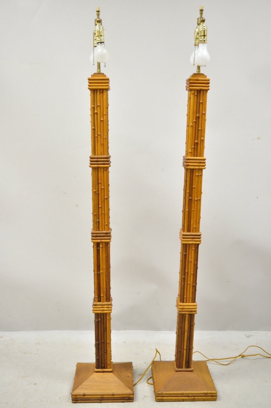 Vintage Tiki Rattan Hollywood Regency Wood Faux Bamboo Floor Lamps - a Pair