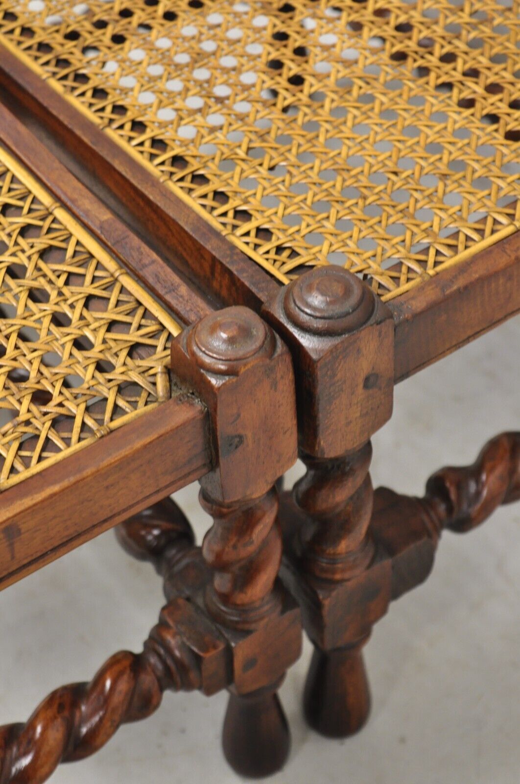 Antique Jacobean Turn Carved Walnut Handmade Cane Seat Footstool Ottoman - Pair