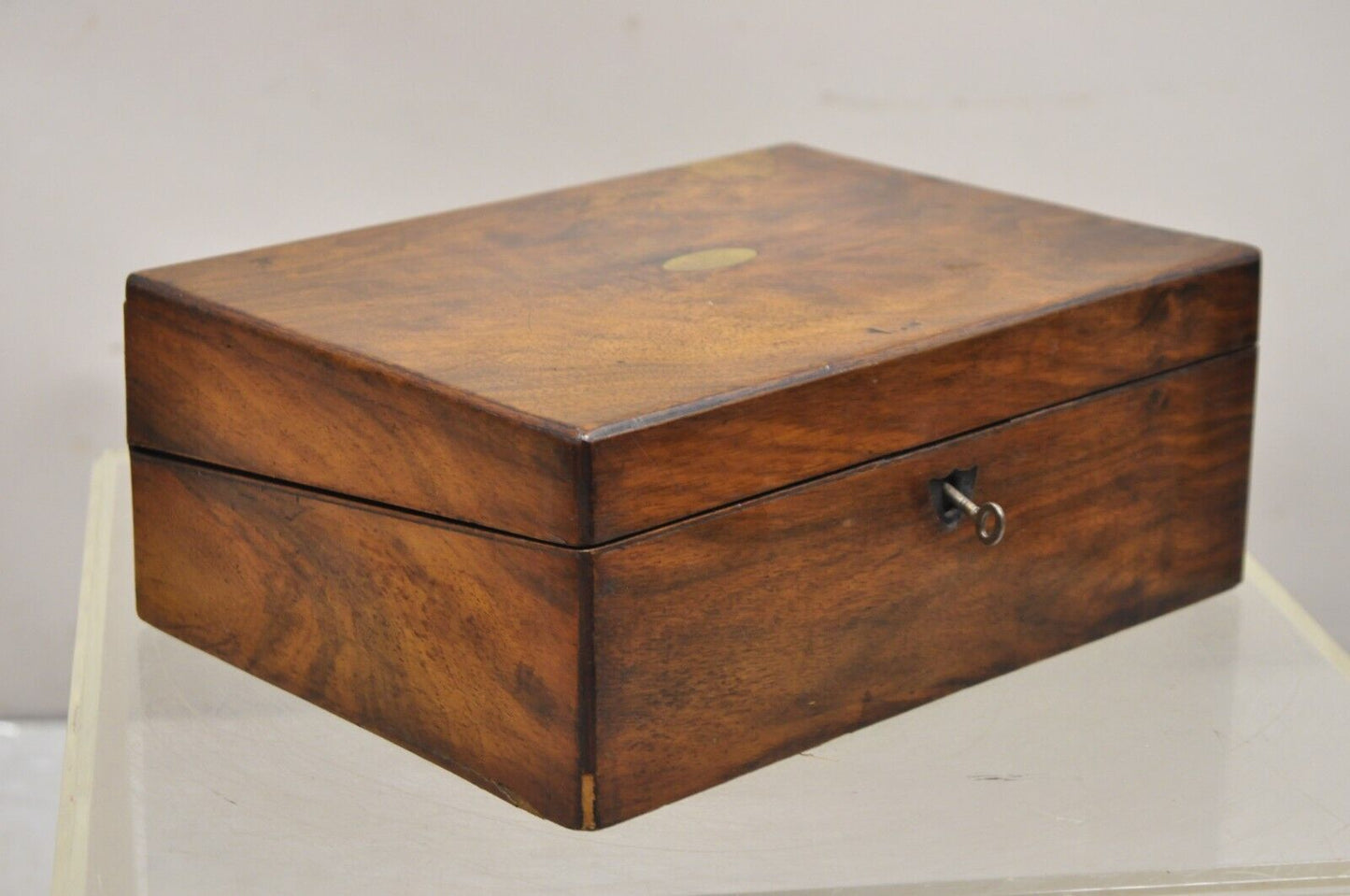 Antique English Victorian Burl Walnut Small Lap Desk Box with Fitted Interior