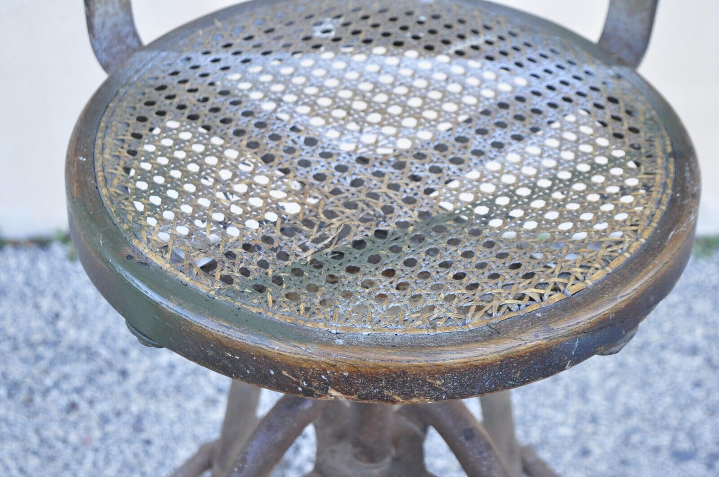 Antique American Industrial Metal Drafting Work Stool with Oak and Cane Seat