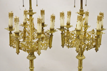 Antique Gothic Revival Gold Bronze Figural Candelabra Table Lamps - a Pair