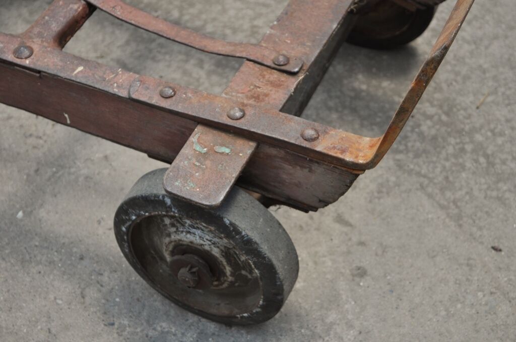 Antique Industrial Steampunk Distressed Iron & Wood Rolling Hand Truck Cart