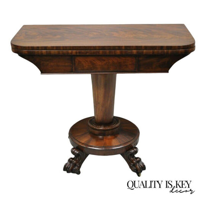 American Empire Crotch Flame Mahogany Paw Feet Pedestal Base Console Game Table