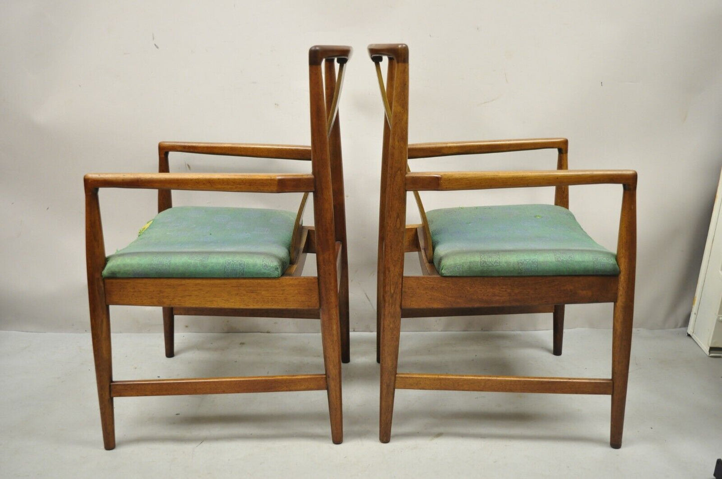 Mid Century Modern Walnut Curved Angled Back Dining Arm Chairs - a Pair