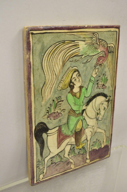 Antique Persian Iznik Qajar Style Ceramic Pottery Tile Green Horse Rider Bird C2