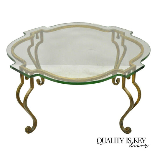 Italian Hollywood Regency Distressed Gold Gilt Iron Scalloped Glass Coffee Table