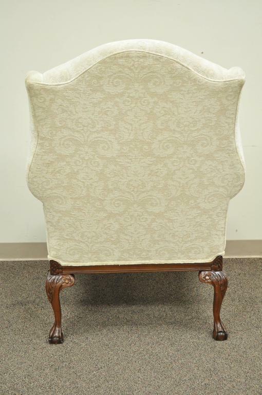 Oversized Carved Mahogany Ball and Claw Chippendale Style Wingback Arm Chair