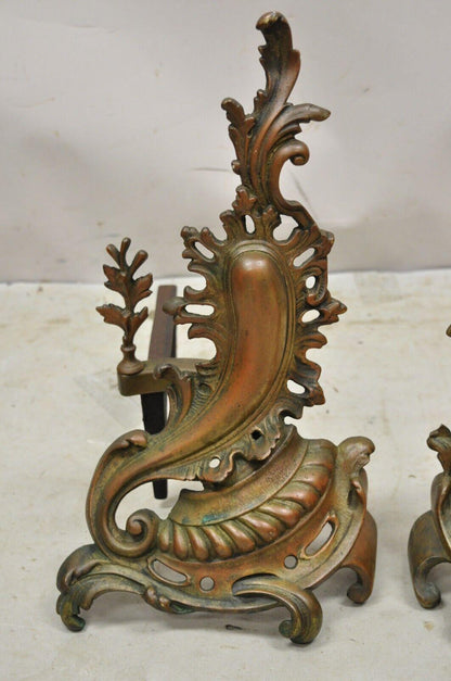 Antique French Rococo Baroque Style Brass Leafy Acanthus Andirons - a Pair