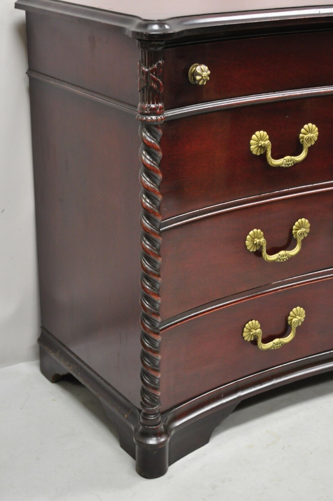 Mahogany Chinese Chippendale Long Dresser Credenza w/ Tooled Leather Door Front