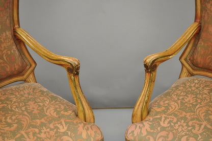 2 Italian Provincial French Hollywood Regency Upholstered Dining Room Arm Chairs