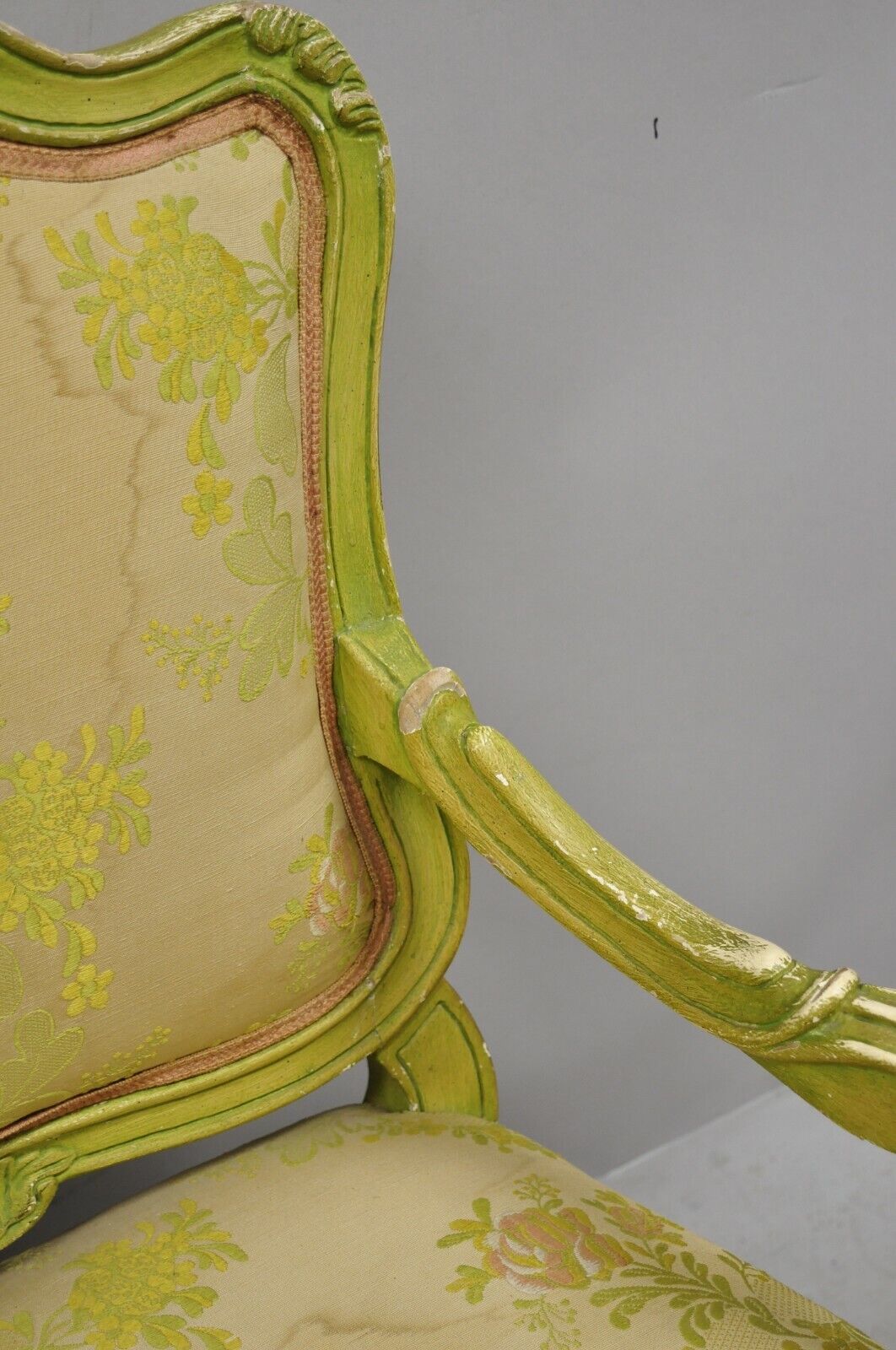 Italian Rococo Hollywood Regency Green Painted Fireside Lounge Arm Chairs - Pair