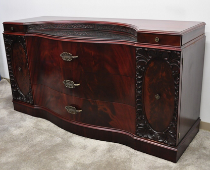 Vtg Chinese Chippendale Flame Mahogany Triple Dresser w/ Bowed Front and Mirror