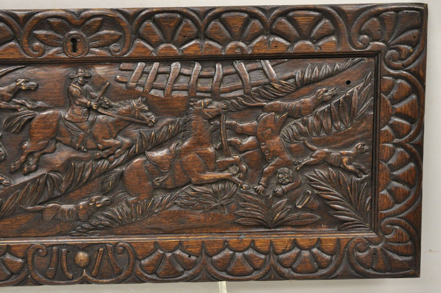 Antique Oak Jacobean Relief Carved Hunt Scene Architectural Wall Panel Plaque