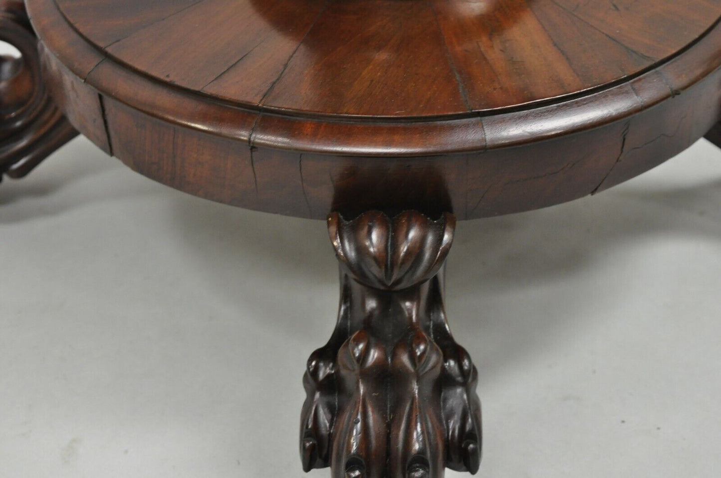 American Empire Crotch Flame Mahogany Paw Feet Pedestal Base Console Game Table