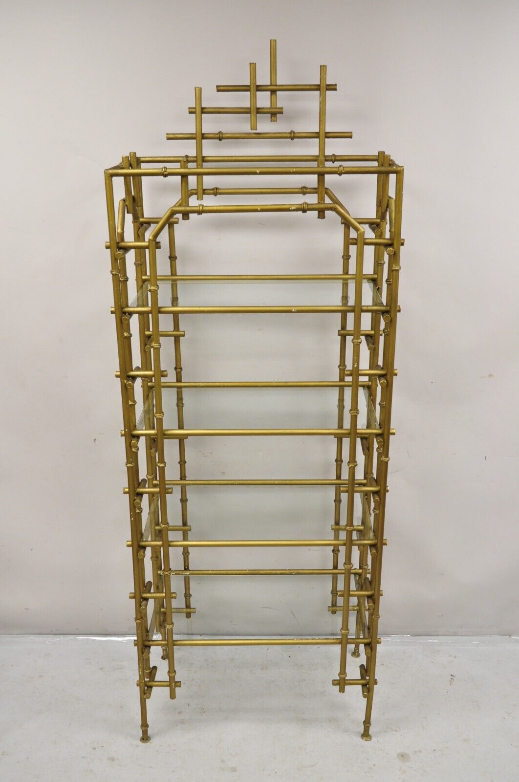 Hollywood Regency Faux Bamboo Chinese Chippendale Pagoda Gold Etagere Bookcase