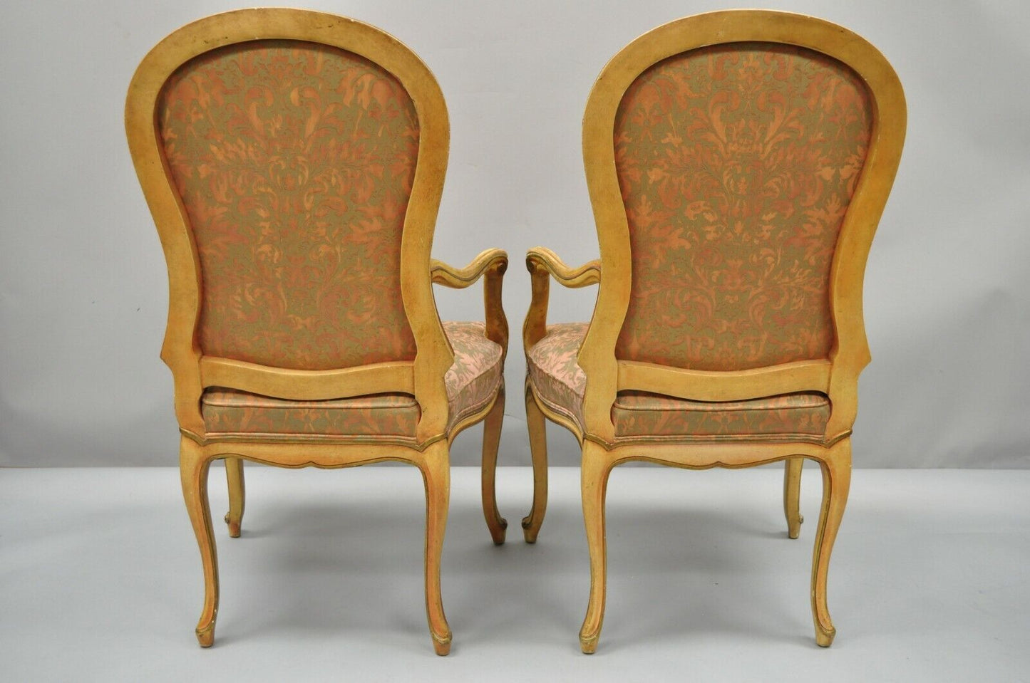 2 Italian Provincial French Hollywood Regency Upholstered Dining Room Arm Chairs