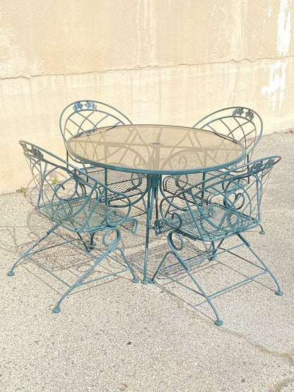 Vintage Woodard Wrought Iron Green Spring Bouncy Patio Dining Set - Set of 5