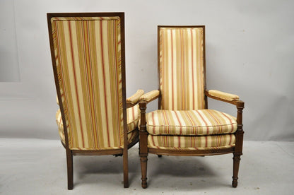 Hollywood Regency French High Back Upholstered Fireside Arm Chairs - a Pair