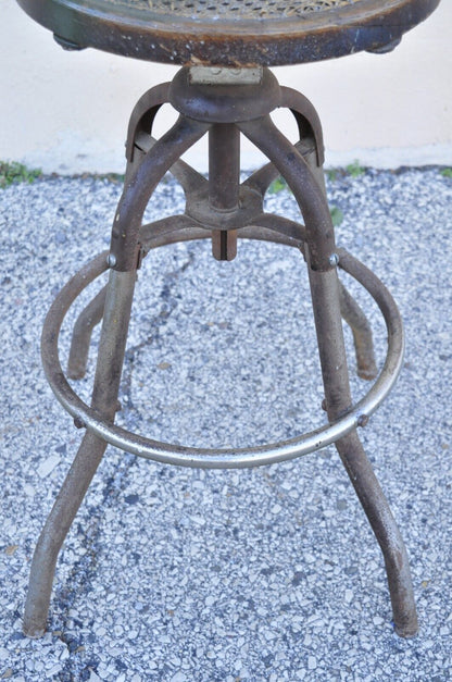 Antique American Industrial Metal Drafting Work Stool with Oak and Cane Seat