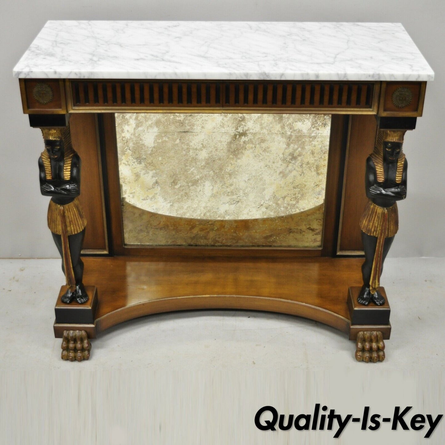 Egyptian Revival Marble Top Figural Carved Ebonized Console Hall Table w Drawers