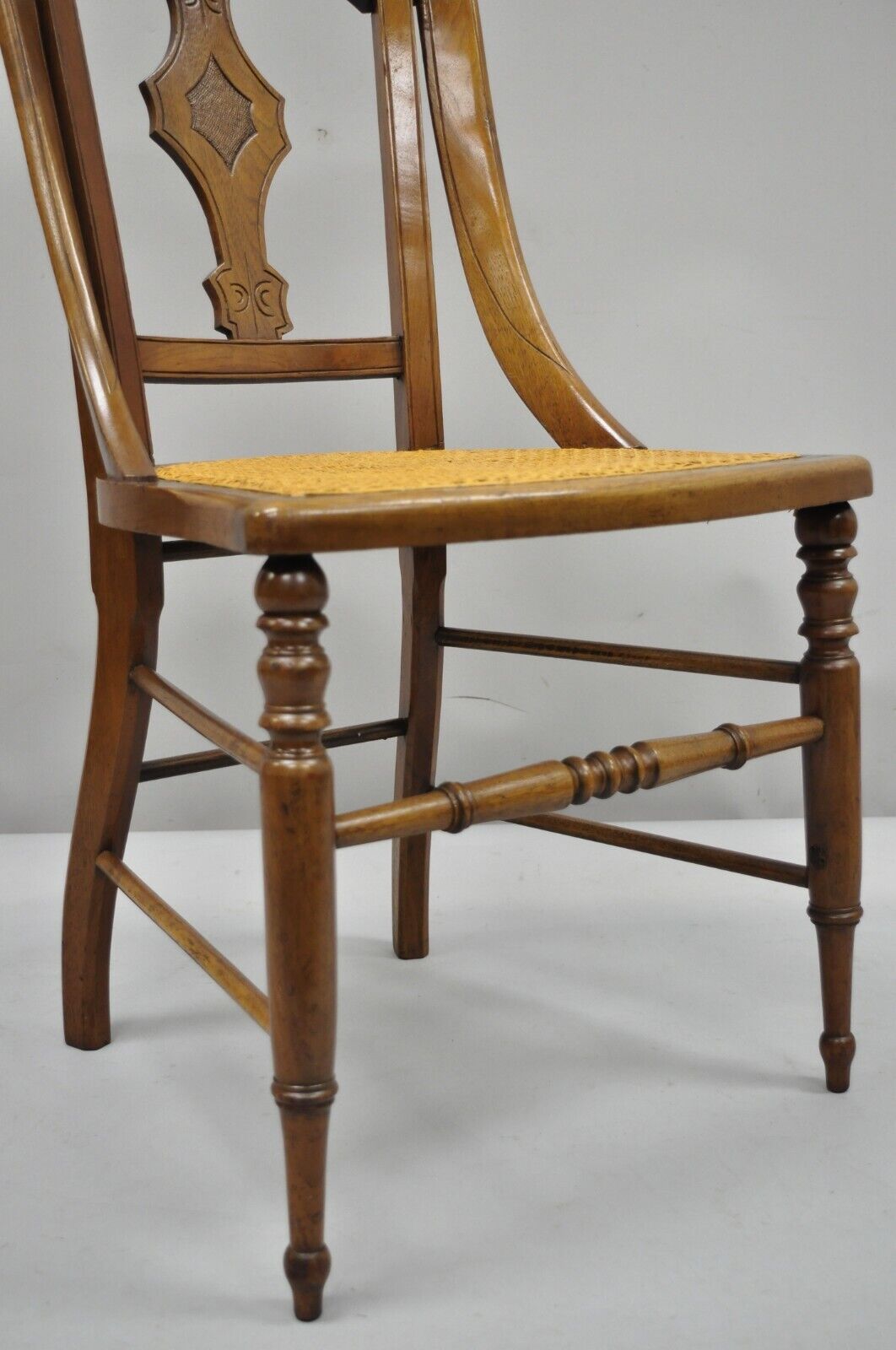 19th Century Antique Eastlake Victorian Carved Walnut Cane Dining Side Chair (A)