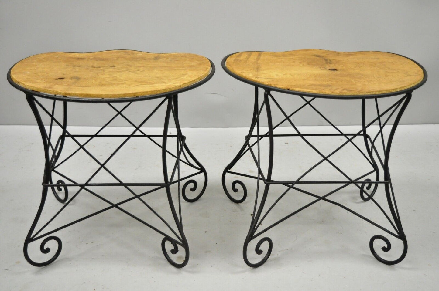 Pair French Art Nouveau Style Stool Bench Seats w/ Scrolling Wrought Iron Frame