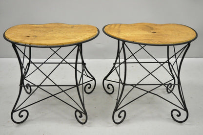 Pair French Art Nouveau Style Stool Bench Seats w/ Scrolling Wrought Iron Frame