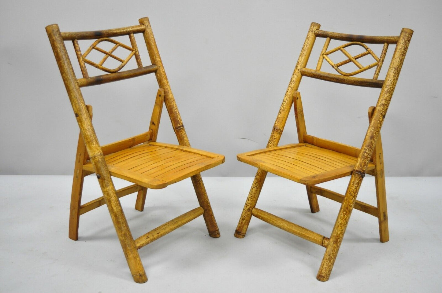 6 Vintage Childrens Bamboo Folding Game Dining Chairs Tiki Rattan Cane Furniture