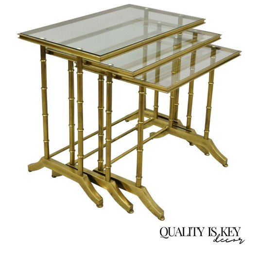 3 Brass Faux Bamboo Glass Top Nesting Side Tables Attributed to Mastercraft