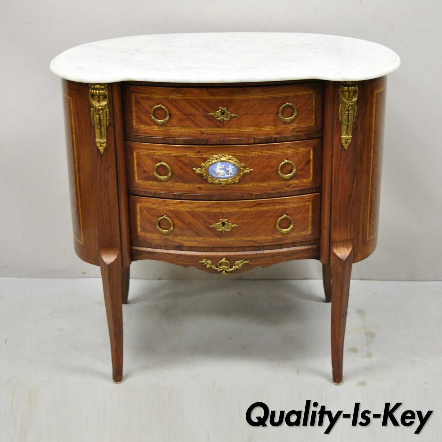 Antique French Louis XV Style Marble Top Bombe Commode Nightstand Bronze Ormolu