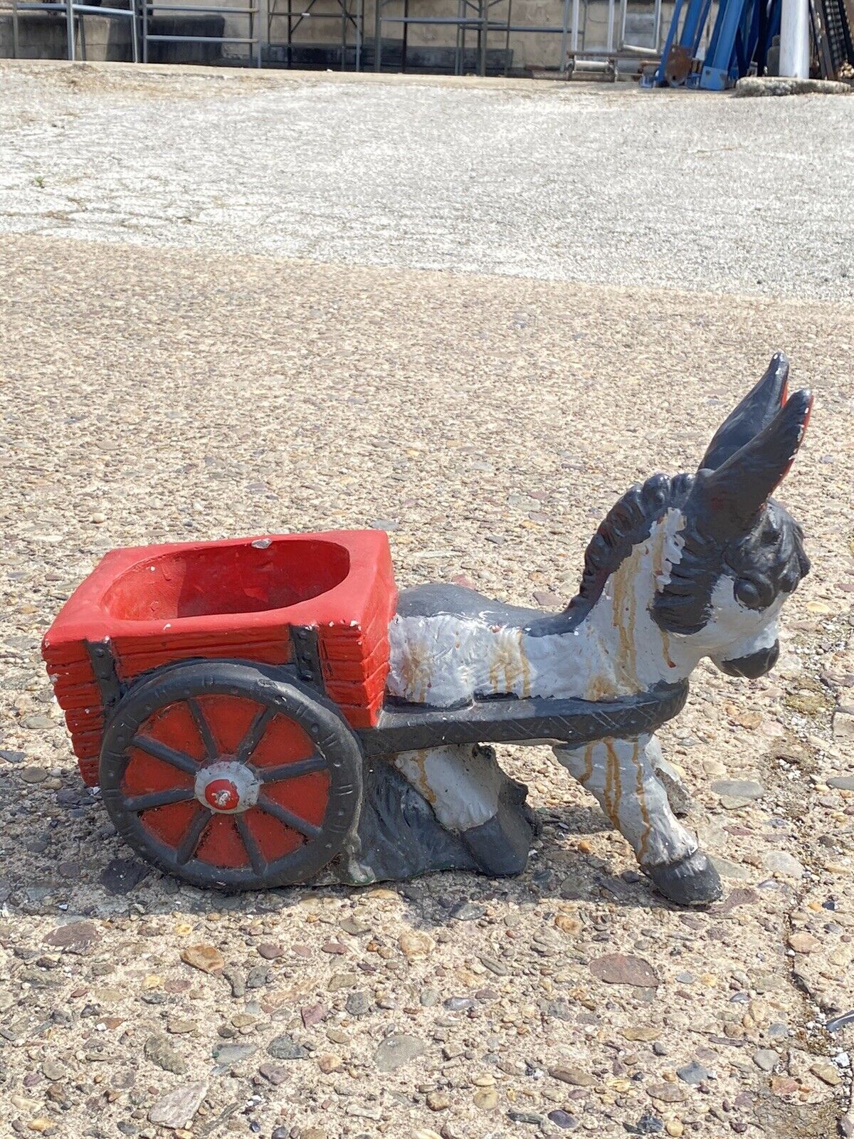 Vintage Small Figural Donkey Pulling Wagon Cart Cement Garden Planter Pot