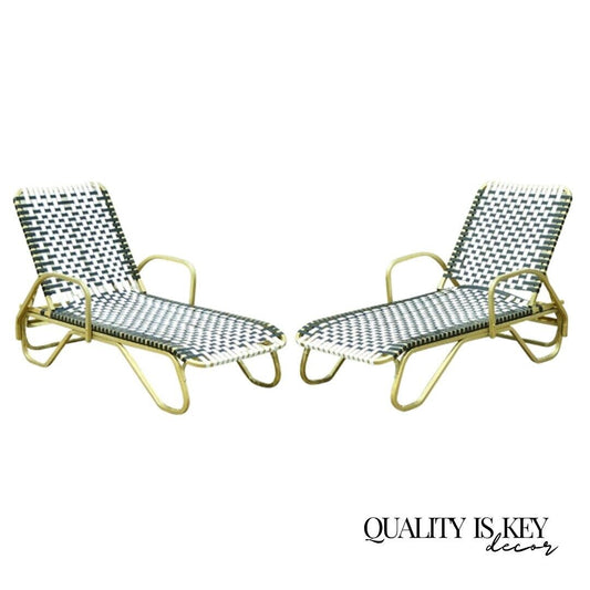 Hollywood Regency Vinyl Strap Aluminum Pool Patio Chaise Lounge Chairs - a Pair