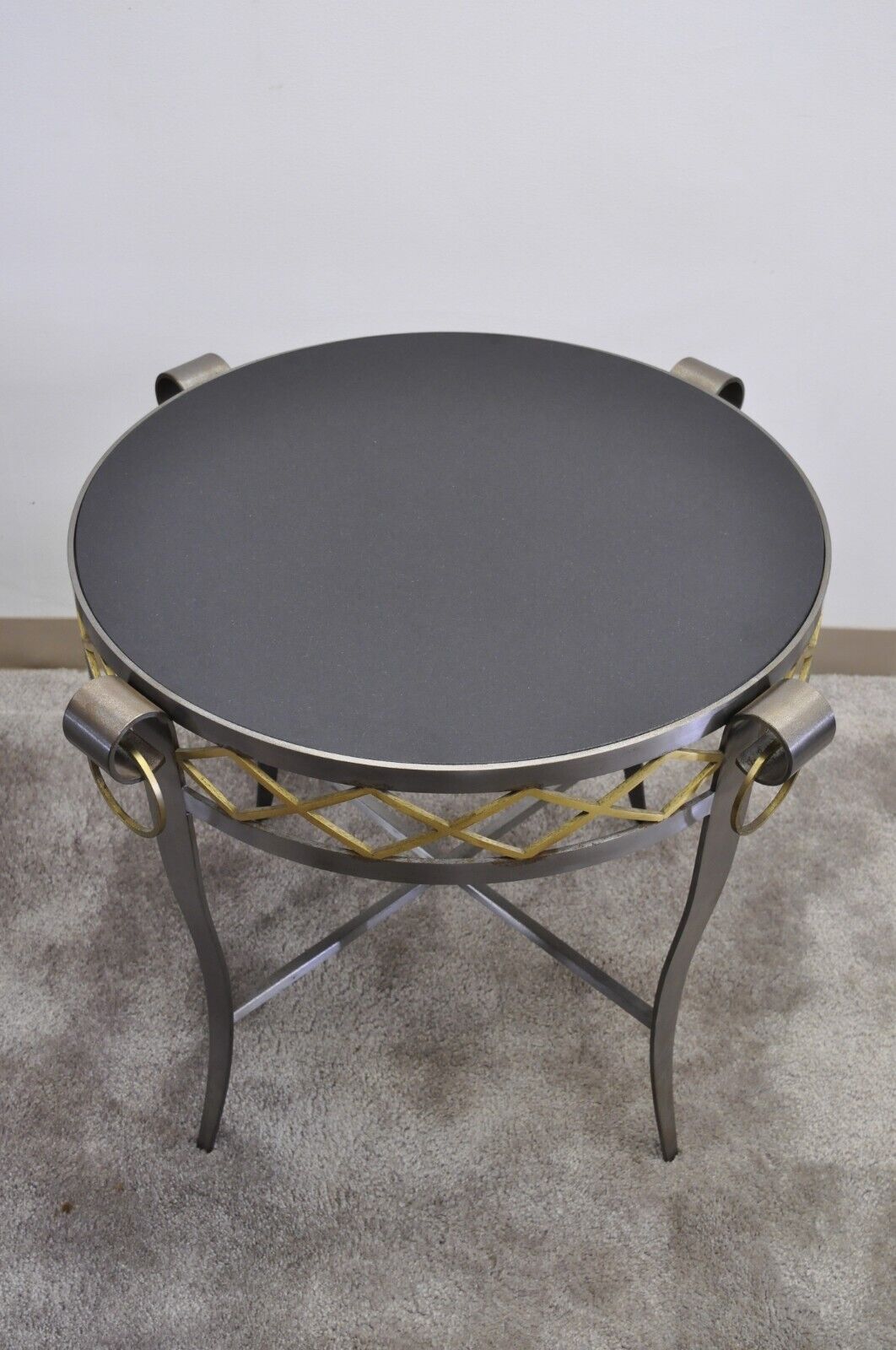 Neoclassical Maison Jansen Style Steel Black Marble Round Bouillotte Side Table